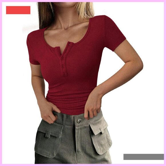 Ribbed Henley Button Short Sleeve Slim Fit Casual Tee Blouse - Picture 1 of 4